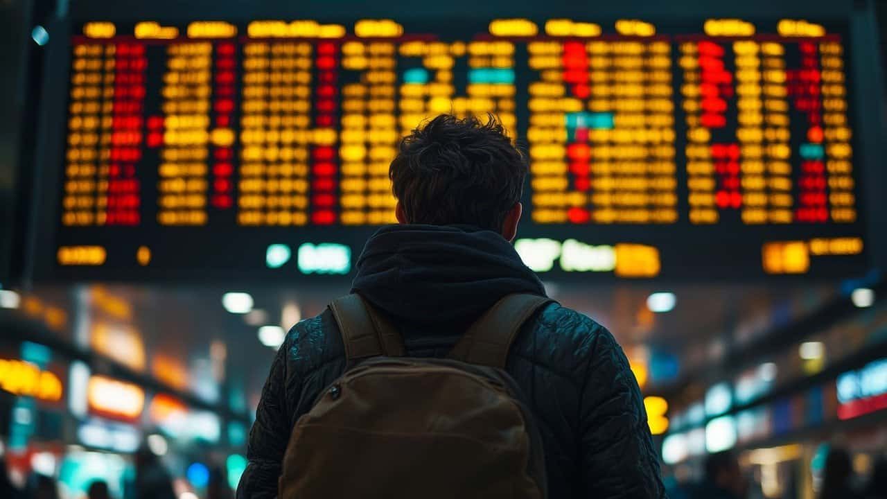 Man looking at the stock market price board